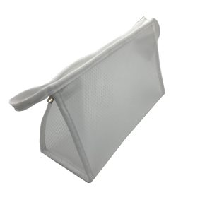 Translucent white mesh pouch angled view with metal zipper pull