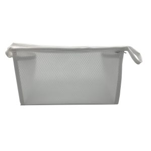 White mesh cosmetic pouch front view with zipper closure