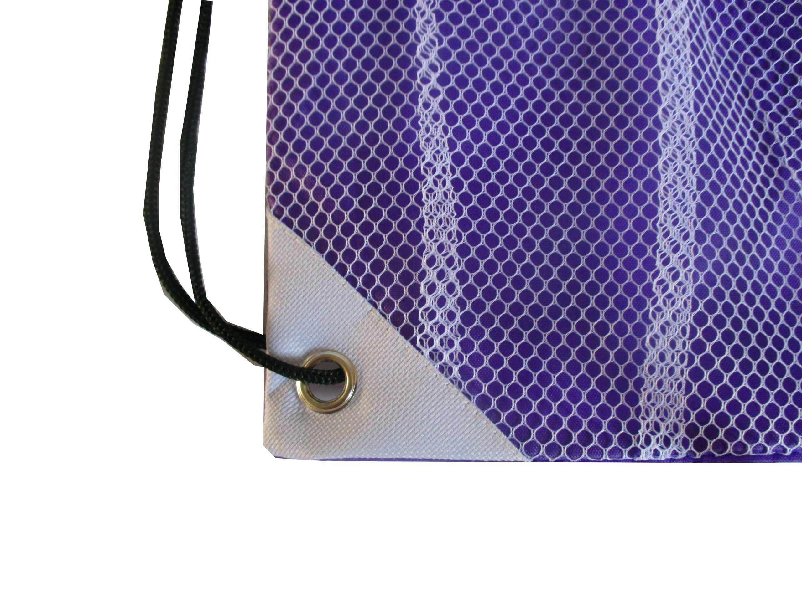 White reinforced corner patch with metal grommet on purple mesh drawstring bag