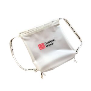 White TPU drawstring bag side view with branded straps