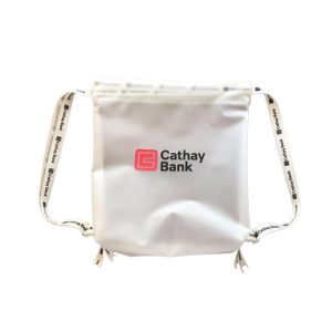 White waterproof TPU cinch bag with custom printed white webbing