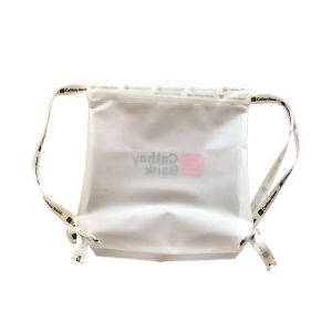 Back view of white TPU drawstring bag showing semi-transparent logo
