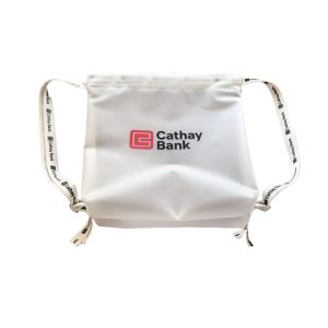 White TPU drawstring bag with Cathay Bank logo front view
