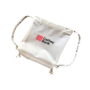 Angled white TPU drawstring pouch with red and black corporate logo
