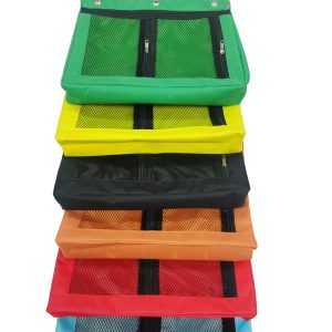 6-colors deep mesh 3-ring binder pouches stacked vertically with black zippers