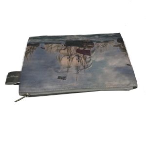 Back view of art print pencil case with side brand label