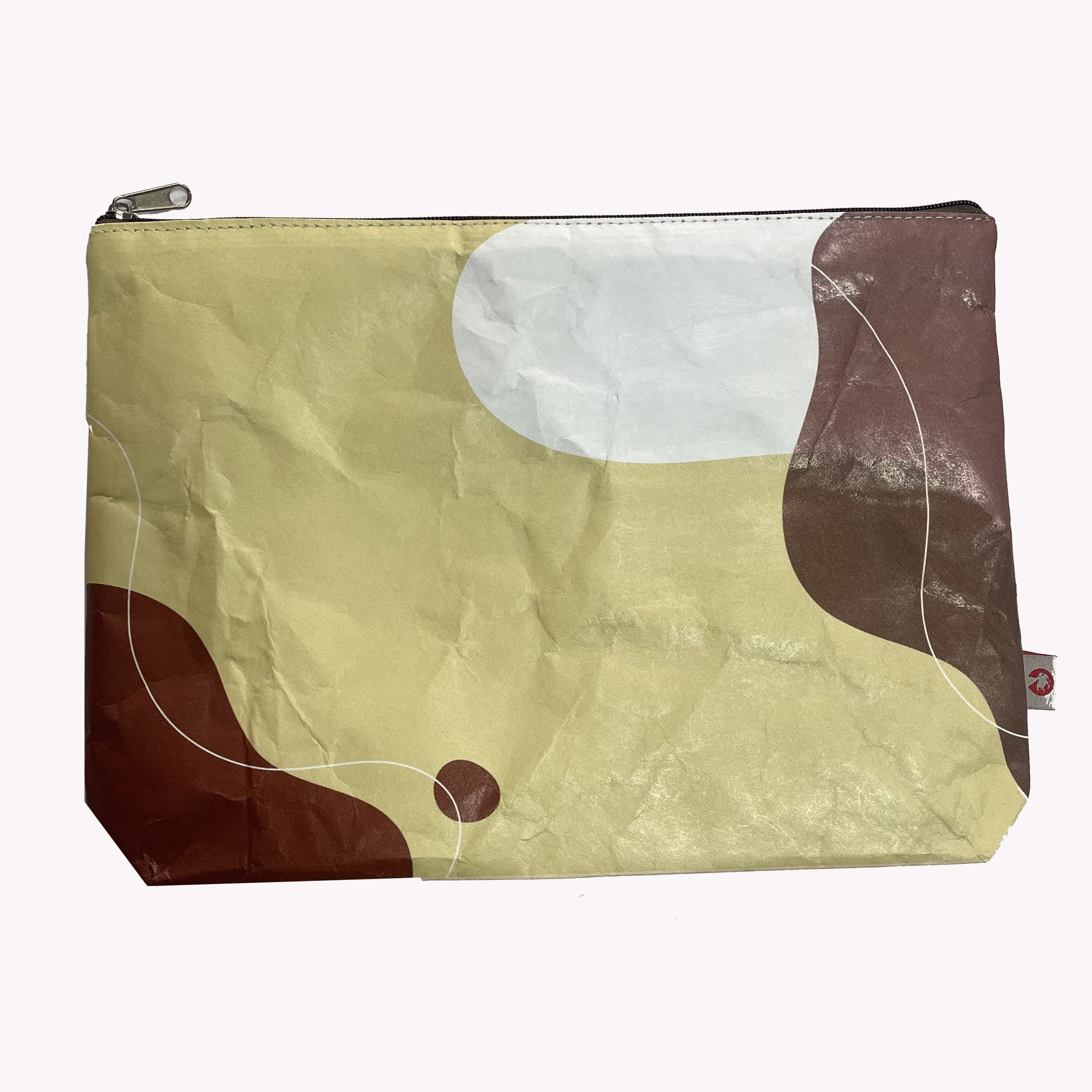 Beige Tyvek zipper pouch with abstract brown and white color block print