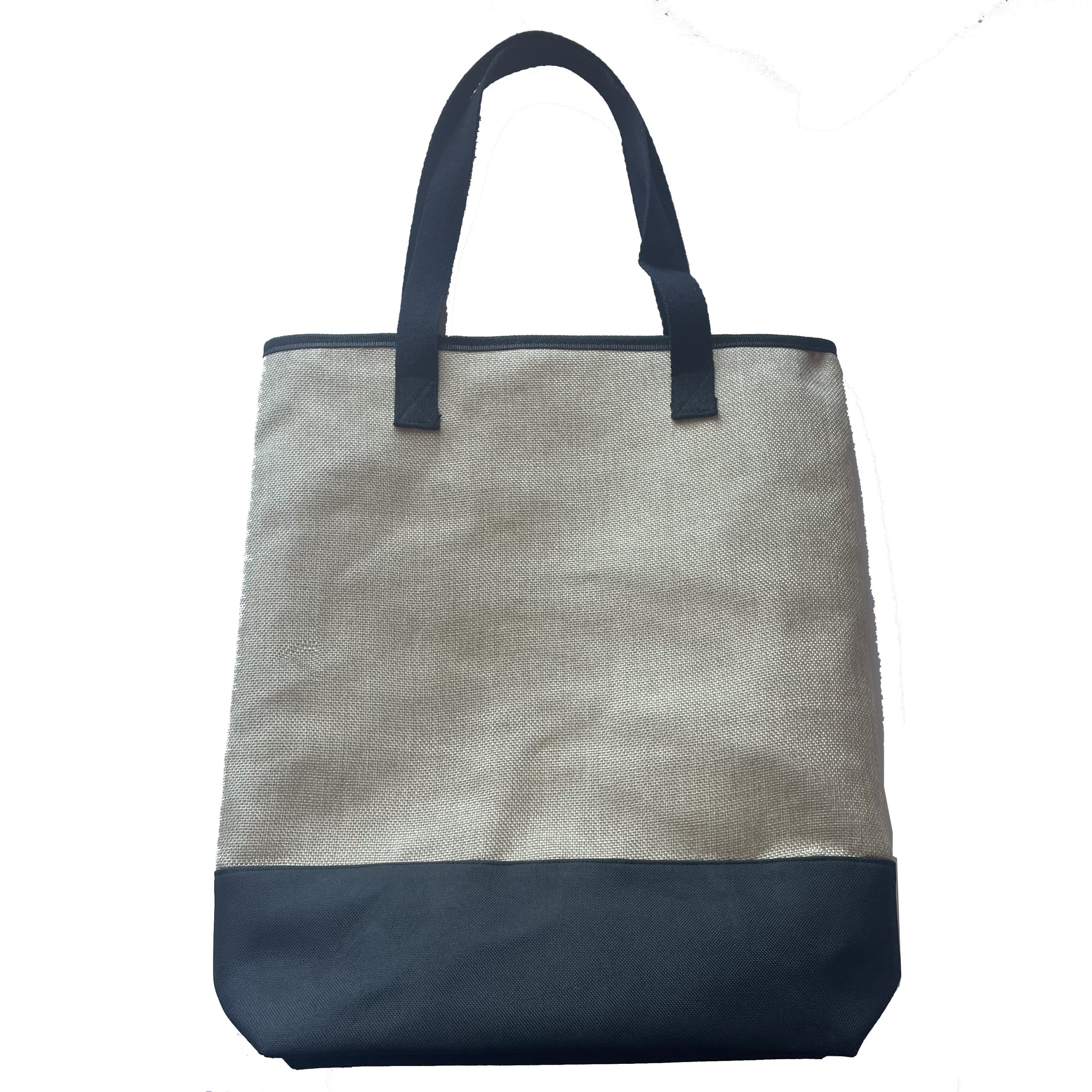 Beige woven tote bag front view with black bottom and black webbing handles