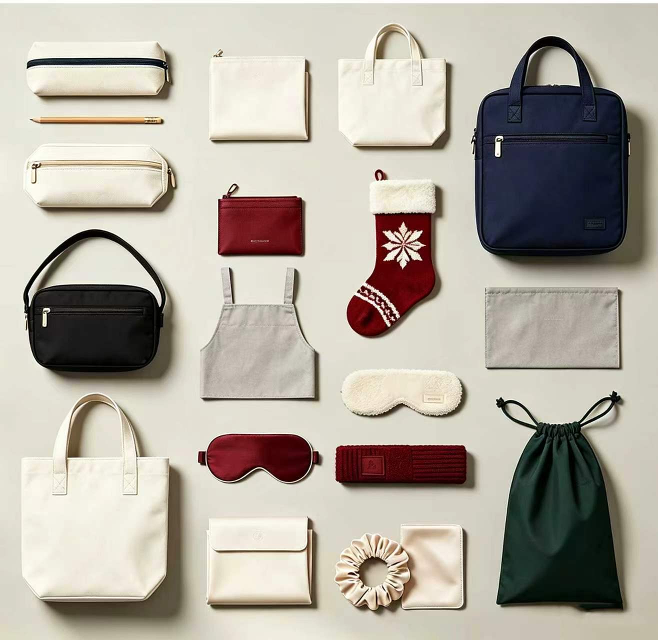Custom branded bags and pouches displayed with cosmetic products