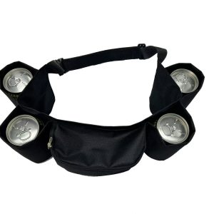 Black 4-can waist bag holder filled with beverage cans overhead view