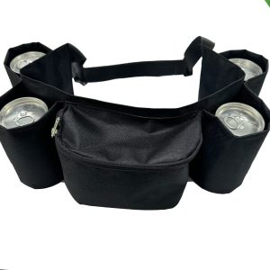Black 4-pocket drink holder waist belt front view with cans