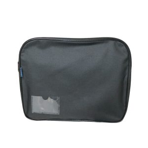 Black A4 document zipper bag front view with clear PVC card slot