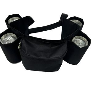 Black beverage waist bag angled view with four pockets holding drink cans
