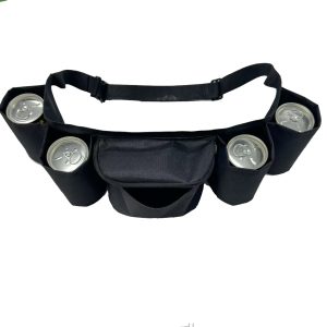 Black beverage waist belt front view showing can slots and adjustable buckle