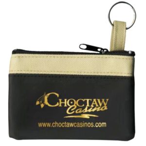Black and beige small zipper pouch with key ring and Choctaw Casino logo