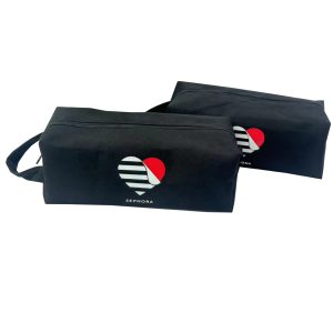 Two black cosmetic bags with custom logo printing and side carrying handles