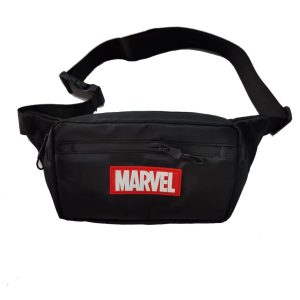 Black sling bag front view with adjustable wide strap and Marvel brand patch
