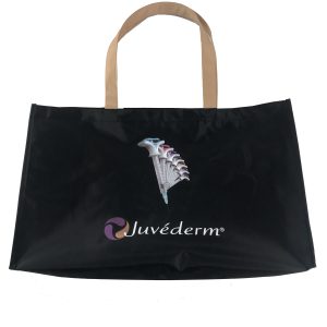 Black medical conference tote bag with Juvederm logo and colorful syringe graphic