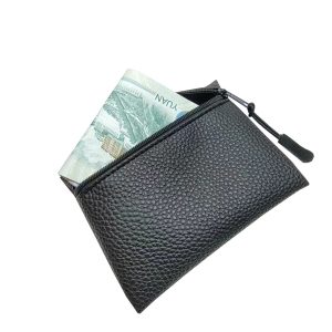 Black pebbled PU leather zipper coin purse with cash inside