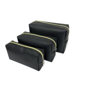 Black saffiano PU leather cosmetic pouch 3-piece set with metal zippers