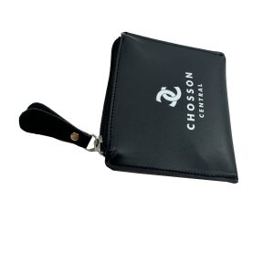 Black PU leather pouch side view showing metal rivet on leather zipper pull tab