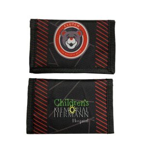Black tri-fold wallet with red stripes showing Clutch Hockey Bear and hospital logo