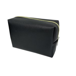 Large black textured PU makeup bag with silver metal zipper pull