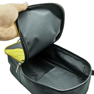 Open black shoe bag showing smooth interior lining and top zipper