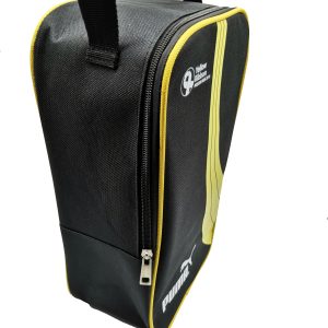 Black sports shoe bag side view showing metal zipper and carrying handle