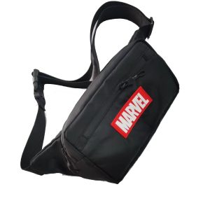 Black crossbody bag side view showing zipper and logo patch placement