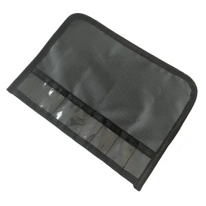 Black tool roll organizer angled view showing transparent storage slots