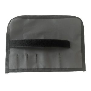 Back view of black tool roll pouch with wide Velcro closure strap