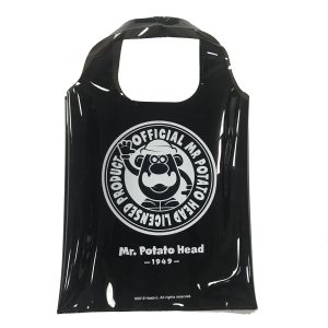 Black glossy TPU tote bag front view with die-cut handles and white silk-screen logo