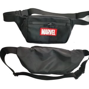 Front and back view of black waterproof waist bag showing plain rear side