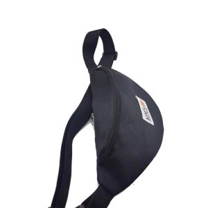 Side profile of black waist bag with adjustable webbing strap and buckle