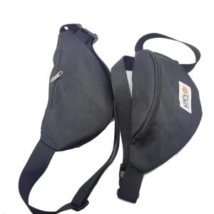 Black waist bag side view showing zipper pocket and metal puller
