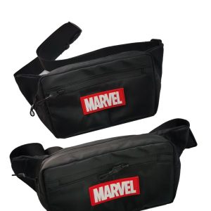 Two black nylon waist bags stacked showing adjustable buckle and zipper detail