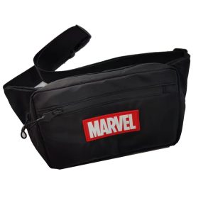 Black nylon waist bag angled view with zipper pull cord and front pocket