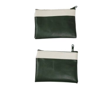 Black mini coin purse with white top trim and metal zipper pull