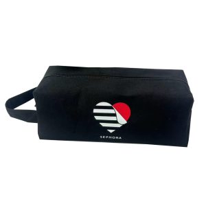 Black fabric cosmetic pouch front view with top zipper and heart logo print