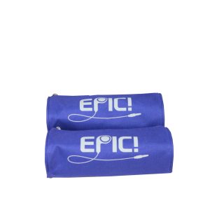 Blue cylinder zipper pouches with white EPIC headphones logo print