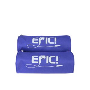 Two blue cylinder organizer bags with EPIC logo print stacked
