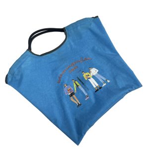 Blue foldable reusable shopping bag angled view with black handles