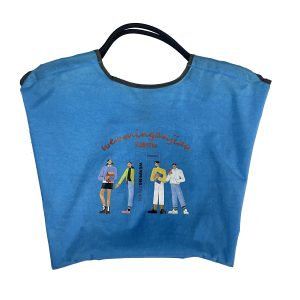 Light blue foldable tote bag front view with fashion illustration print