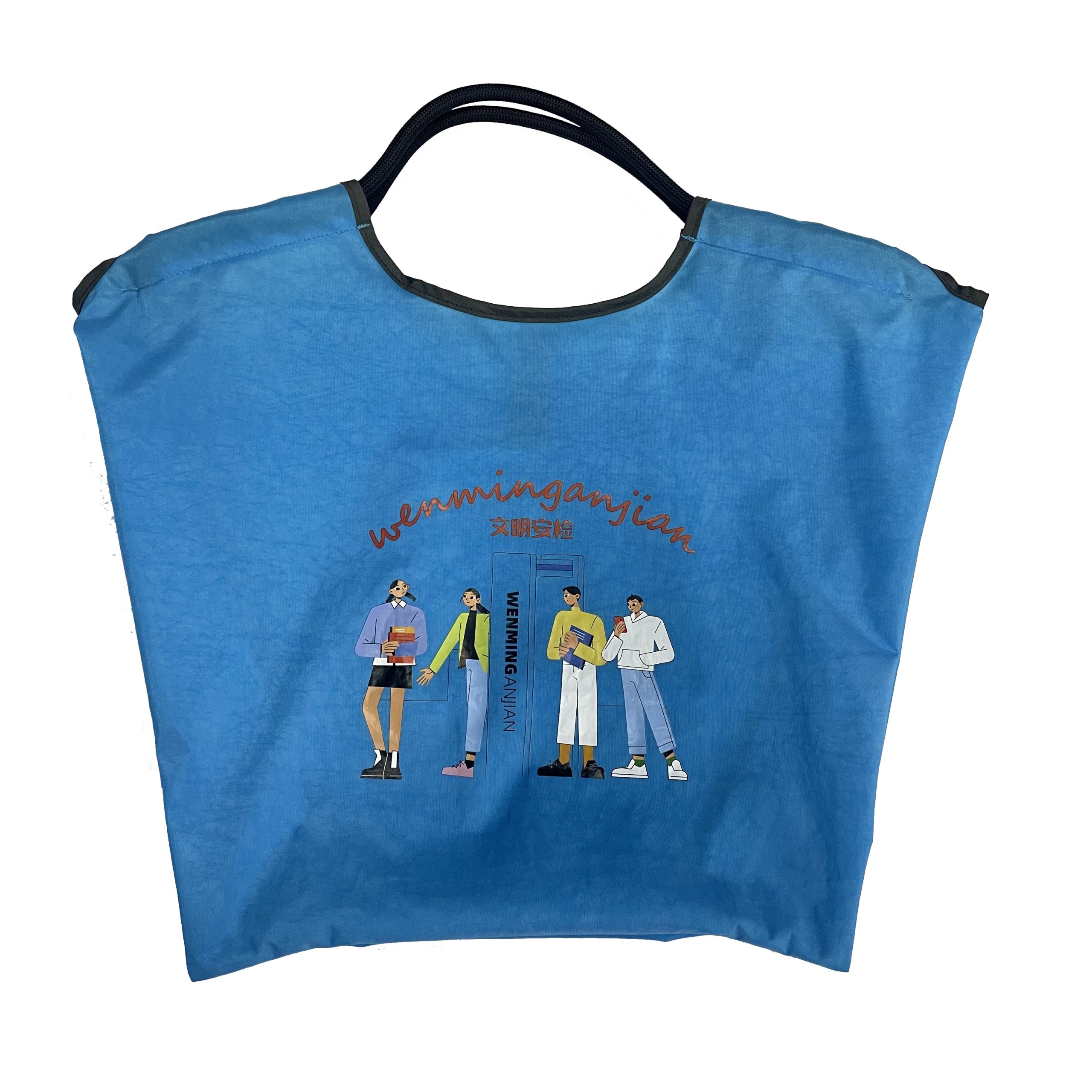 Light blue foldable tote bag front view with fashion illustration print