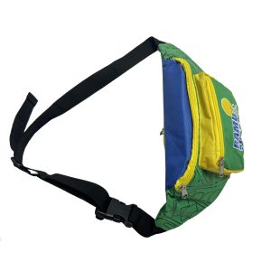 Green and blue spliced waist bag side view with black adjustable strap