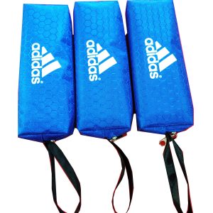 Three blue hexagon oxford pouches with heat transfer logo and black wrist straps