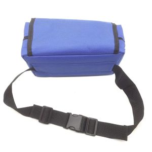 Blue portable bag back view with adjustable black shoulder strap
