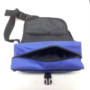 Blue oxford bag main compartment opened showing black interior lining