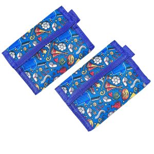Blue 600D oxford folding wallet with cartoon sports print closed view